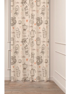 Greendecor Coffe Time Espresso Latte Kahve Zamanı Bohem Desenli Özel Tasarım Dijital Baskılı Şık Tarz Fon Perde