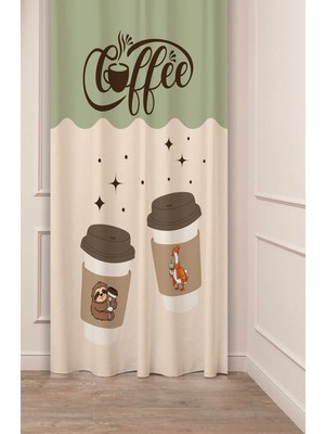 Greendecor Coffe Time Espresso Latte Kahve Zamanı Bohem Desenli Özel Tasarım Dijital Baskılı Şık Tarz Fon Perde