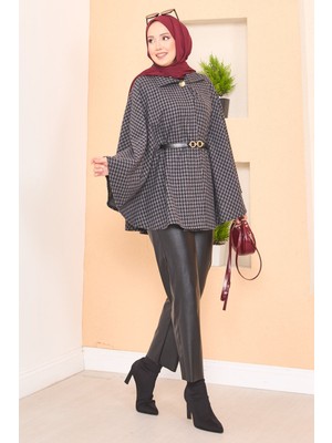 Md Kazayağı Desenli Kemerli Tesettür Panço Antrasit