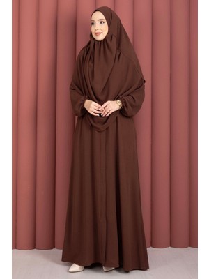 DF Hafsa Fermuar Detaylı Tesettür Namaz Elbisesi Kahve