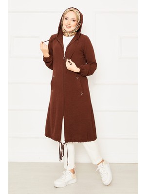 SVS Kapüşonlu Kolları Lastikli Tesettür Kap Kahve