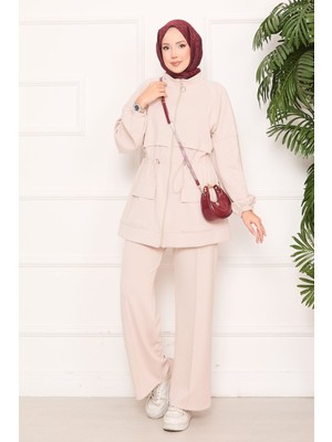 Md Beli Ayarlanabilir Cep Detaylı Tesettür İkili Takım Bej