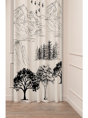 Greendecor Dağ Doğa Ağaç Kuşlar Bohem Su Desenli Özel Tasarım Dijital Baskılı (Tek Kanat) Modern Şık Fon Perde