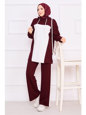Cvn İki Renkli Kapüşonlu Tesettür İkili Takım Şarabi