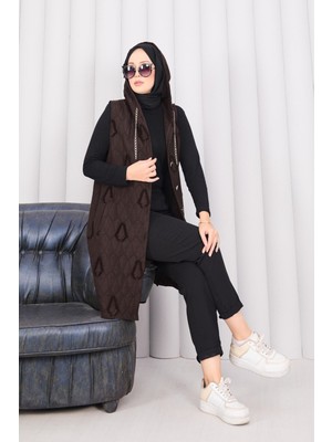 Md Kapüşonlu Düğmeli Tesettür Kapitone Yelek Kahve