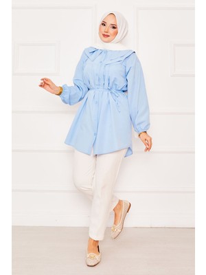 Asm Çift Yakalı Beli Bağcıklı Tesettür Gömlek Bebe Mavisi