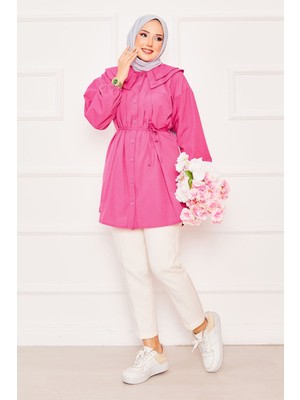 Asm Çift Yakalı Beli Bağcıklı Tesettür Gömlek Fuşya