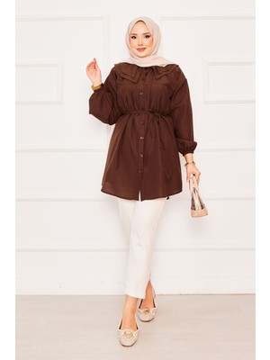 Asm Çift Yakalı Beli Bağcıklı Tesettür Gömlek Kahve