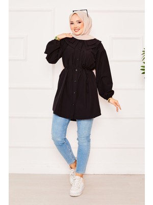 Asm Çift Yakalı Beli Bağcıklı Tesettür Gömlek Siyah