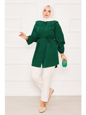 Asm Çift Yakalı Beli Bağcıklı Tesettür Gömlek Zümrüt