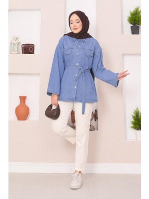 Md Cep Detaylı Seyyar Kuşaklı Kot Ceket Açık Mavi