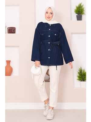 Md Cep Detaylı Seyyar Kuşaklı Kot Ceket Lacivert