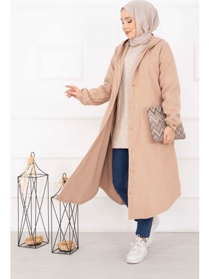 Nz Kapüşonlu Boydan Düğmeli Kaşe Kap Bej
