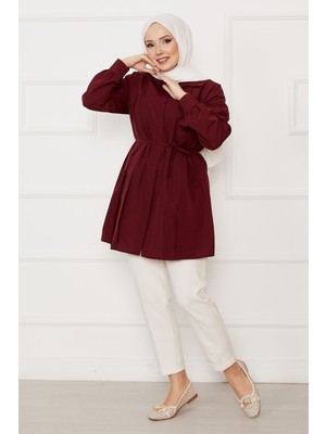 Asm Boydan Gizli Düğmeli Pile Detaylı Tesettür Gömlek Bordo