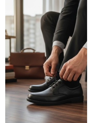 Enoch Hakiki Deri Siyah Ortopedik Sade Düz Model Erkek Baba Ayakkabı