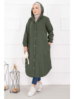 Nz Kapüşonlu Boydan Düğmeli Kaşe Kap Haki