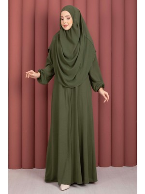 DF Hafsa Fermuar Detaylı Tesettür Namaz Elbisesi Haki