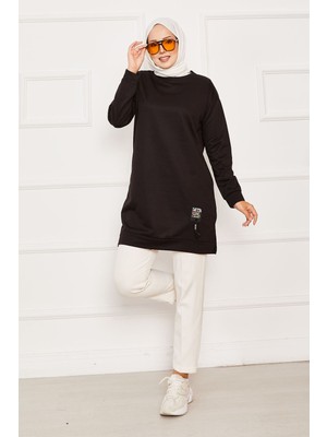 Cvn Arma Detaylı Bisiklet Yaka Sweat Tunik Siyah