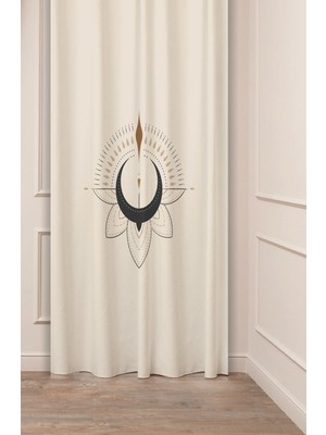 Greendecor Ay Lotus Nur Bohem Mandala Deseneli Özel Tasarım Dijital Baskılı (Tek Kanat) Bej Modern Fon Perde