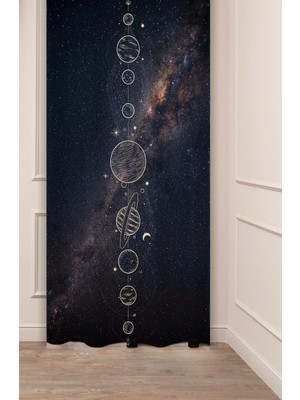 Greendecor Yıldız Ay Uzay Gezegen Desenli Dijital Baskılı Fon Perde (Tek Kanat) Modern Tasarımlı Renkli Perde