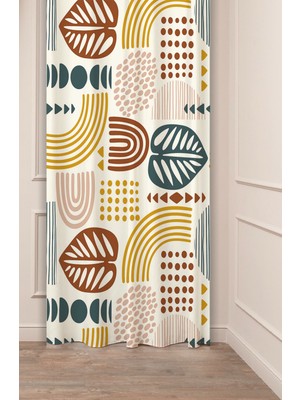 Greendecor Bohem Yaprak Gökkuşağı Desenli Dijital Baskılı Fon Perde (Tek Kanat) Modern Tasarımlı Perde 1 Ad.