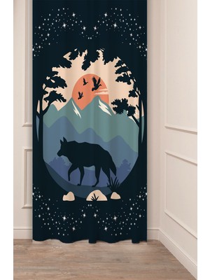 Greendecor Kurt Dağ Manzara Ağaç Yıldız Bohem Desenli Özel Tasarım Dijital Baskılı (Tek Kanat) Modern Fon Perde