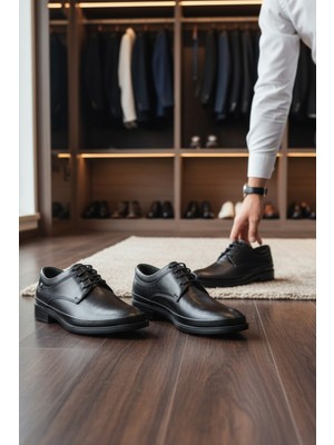 Enoch Hakiki Deri Siyah Ortopedik Bağcıklı Klasik Erkek Baba Ayakkabı