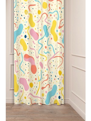 Greendecor Çiçekler Yaprak Çizgili Bohem Desenli Özel Tasarım Dijital Baskılı (Tek Kanat) Modern Şık Fon Perde