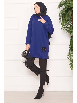 Cvn Taş Işlemeli Ponponlu Tesettür Tunik Indigo