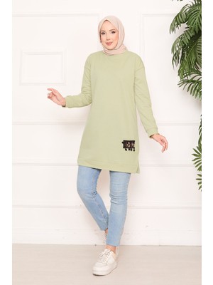 Cvn Taş Işlemeli Ponponlu Tesettür Tunik Mint