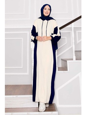 Mo Kapüşonlu Spor Triko Elbise Ekru-Lacivert