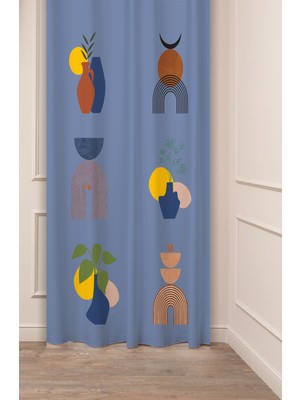 Greendecor Vazo Çiçekler Yaprak Pastel Bohem Özel Tasarım Dijital Baskılı (Tek Kanat) Bej Krem Şık Fon Perde