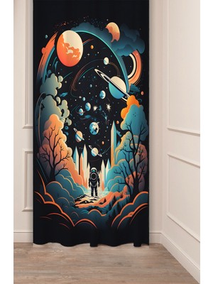 Greendecor Uzay Gezegen Astronot Yıldız Desenli Dijital Baskılı Fon Perde (Tek Kanat) Renkli Modern Fon Perde