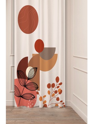 Greendecor Yaprak Grafik Bohem Minimalist Bej Krem Desenli Özel Tasarım Dijital Baskılı (Tek Kanat) Fon Perde