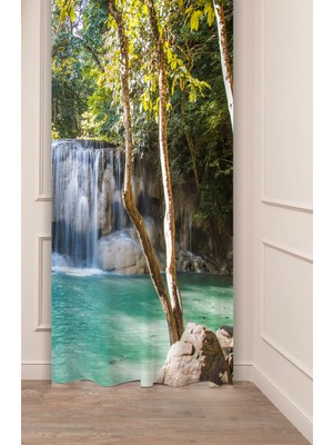 Greendecor Şelale Doğa Orman Ağaç Tabiat Turkuaz Manzara Özel Tasarım Dijital Baskılı (Tek Kanat) Şık Fon Perde