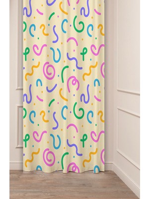 Greendecor Bohem Geometrik Çizgi Sade Bej Desenli Özel Tasarım Dijital Baskılı (Tek Kanat) Modern Şık Fon Perde