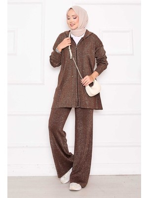 Frx Gold Işıltılı Fermuarlı Kapüşonlu Triko İkili Takım Kahve