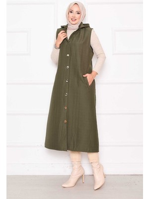 Nz Düğmeli & Kapüşonlu Uzun Kapitone Yelek Haki