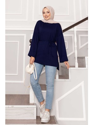 Md Kolu Katlamalı Kuşaklı Oyşo Tunik Lacivert