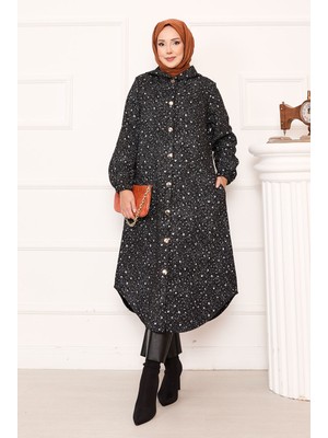 Nz Desenli Boydan Düğmeli Kaşe Kap Siyah Beyaz