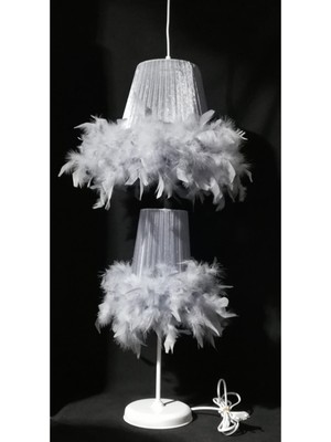 Normadia Şık Gri Tüylü Çocuk Odası Avize ve Abajur Seti, Beyaz Metal Ayaklı