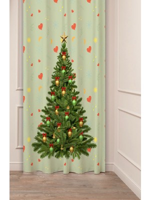 Greendecor Yılbaşı Çam Ağacı Noel Ağacı Kar Yeni Yıl Christmas Desenli Özel Tasarımlı Dijital Baskılı Fon Perde