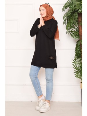 Cvn Taş Işlemeli Ponponlu Tesettür Tunik Siyah