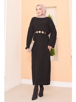 RAF Pıtırcık Dokulu Oversize Tesettür Elbise Siyah