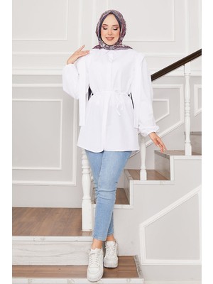 Asm Omuz Detaylı Gizli Düğmeli Tesettür Gömlek Beyaz