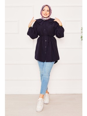 Asm Çift Yakalı Beli Bağcıklı Tesettür Gömlek Lacivert