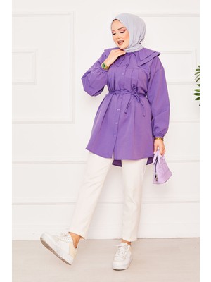 Asm Çift Yakalı Beli Bağcıklı Tesettür Gömlek Mor