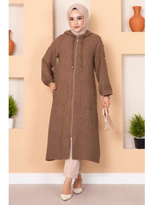 Md Fermuarlı Cepli Uzun Tesettür  Kap Tütün