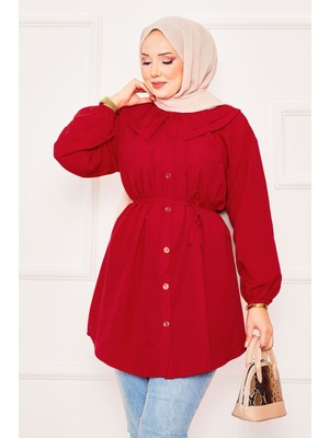 Asm Çift Yakalı Beli Bağcıklı Tesettür Gömlek Kırmızı