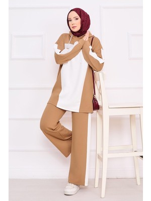 Cvn İki Renkli Kapüşonlu Tesettür İkili Takım Camel